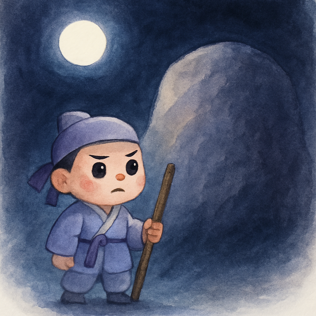 밤에 나그네가 큰 바위 앞에서 구렁이를 기다리는 장면